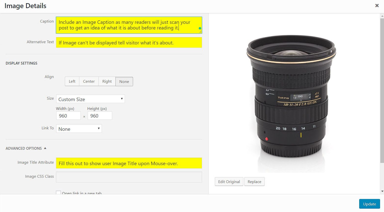 Image showing how to fill out image metadata in WordPress